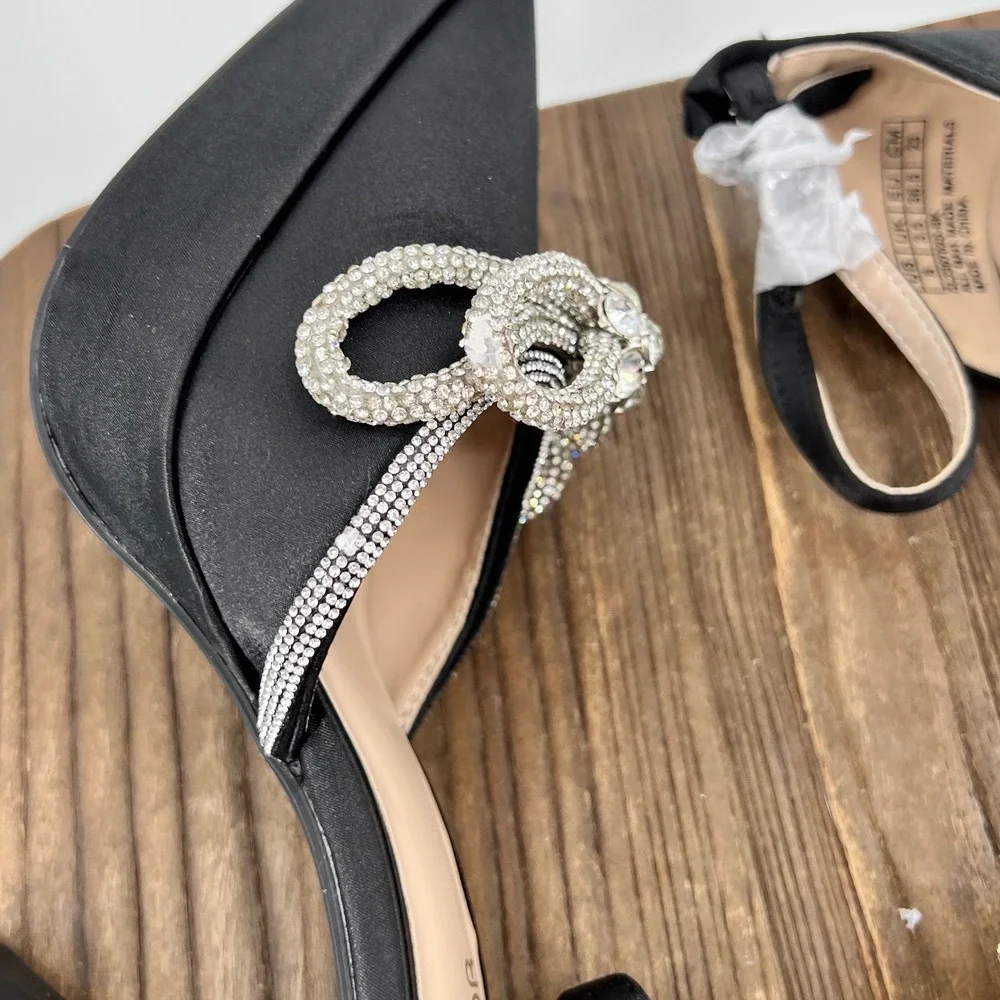 Jenn Ardor Black Satin Platform Heels Rhinestone Bow Pointed Toe Prom 6 NWT